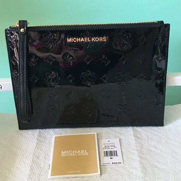 NWT Michael Kors Black Metallic XL Zip Clutch Wristlet - Picture 1 of 4